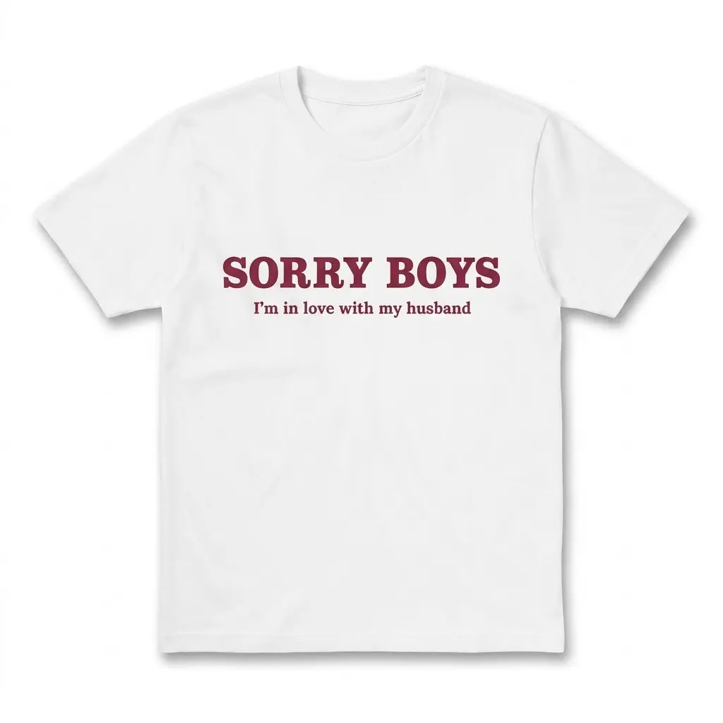 Flat lay of a white t-shirt printed with Sorry Boys I'm in love with my husband in maroon text.