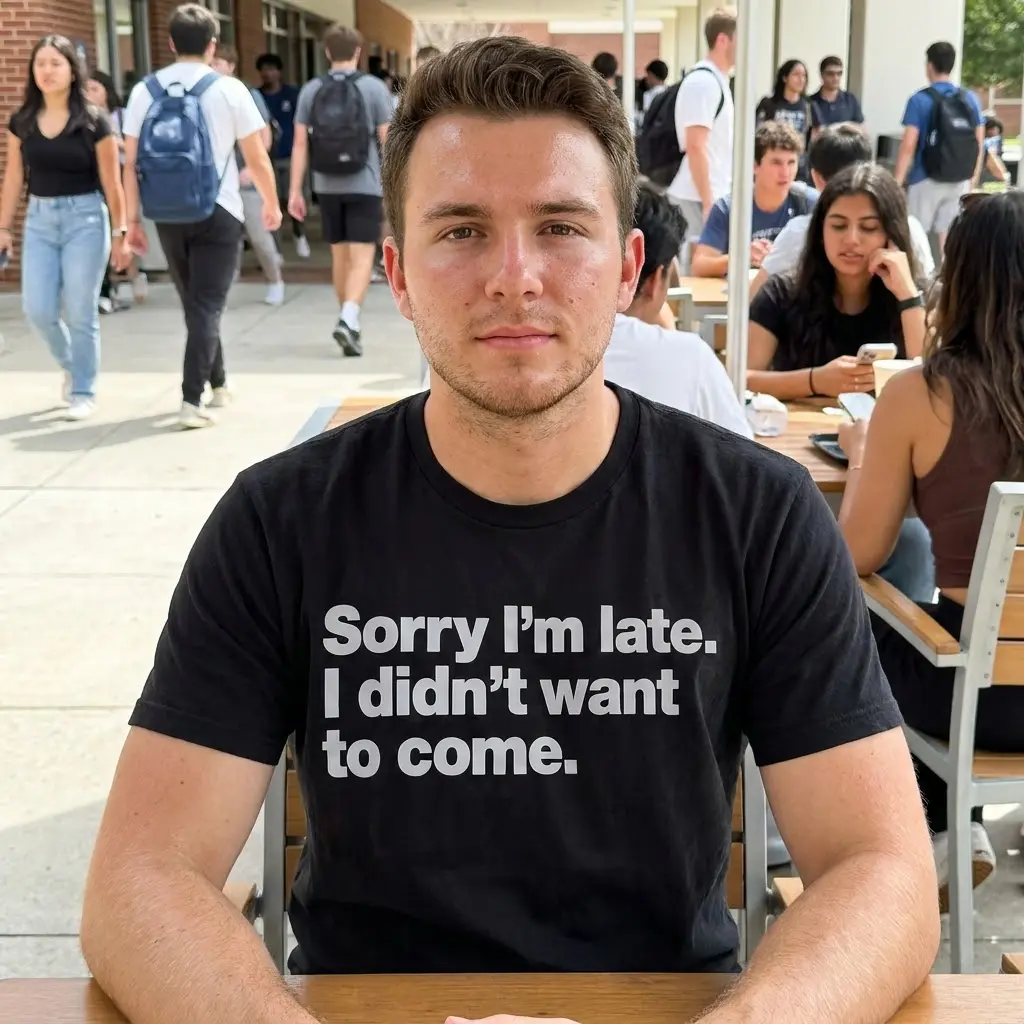Sorry I'm Late Funny T-Shirt 5 Casual scene with a person in a black t-shirt saying 'Sorry I'm late. I didn't want to come.' in white.