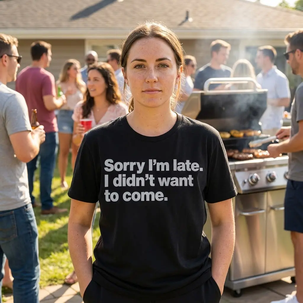 Sorry I'm Late Funny T-Shirt 6 Individual dressed in a black hoodie, showcasing the phrase 'Sorry I'm late. I didn't want to come.' in white.
