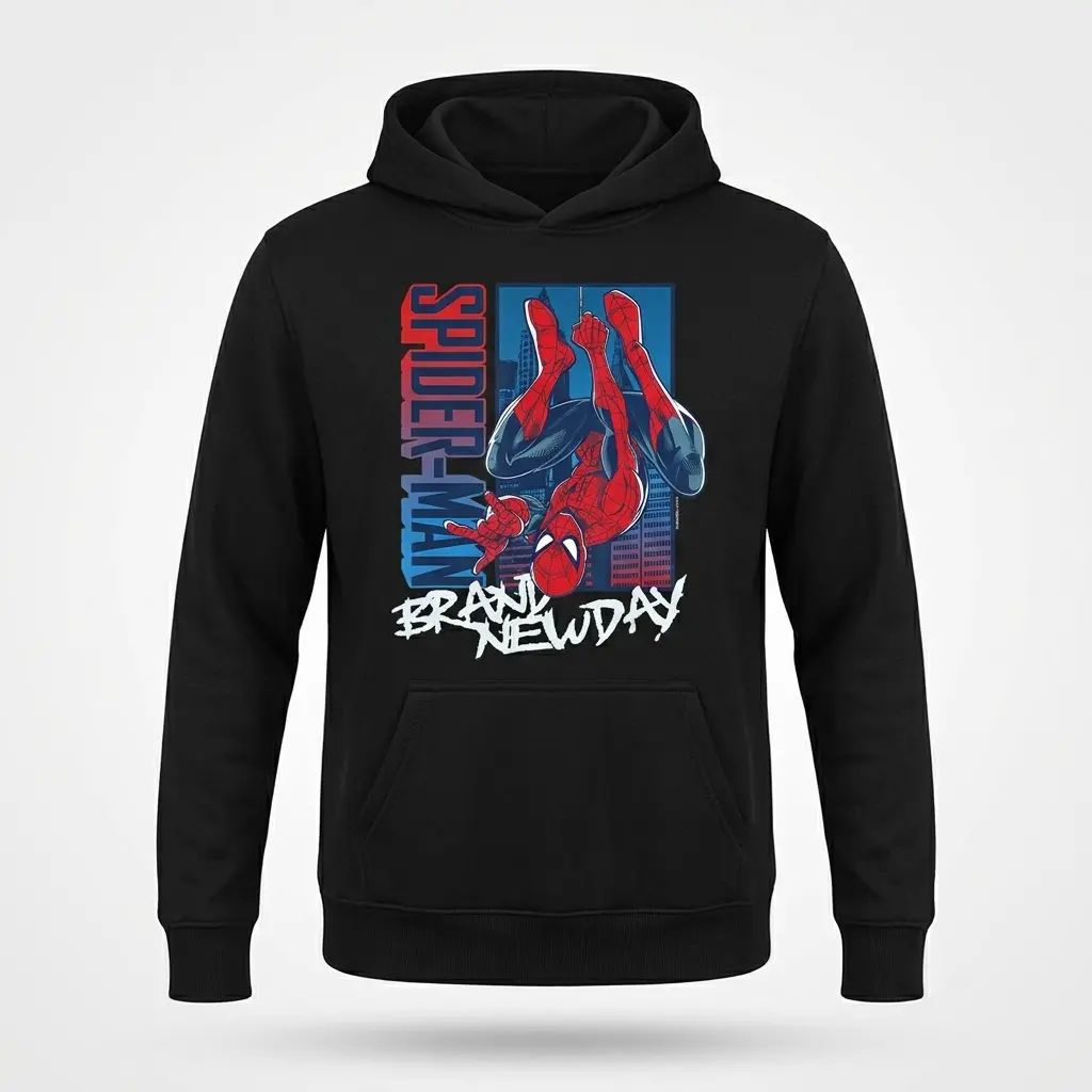 Spider-Man Brand New Day T-Shirt 2 Front flat lay of a hoodie with a Spider-Man comic illustration.