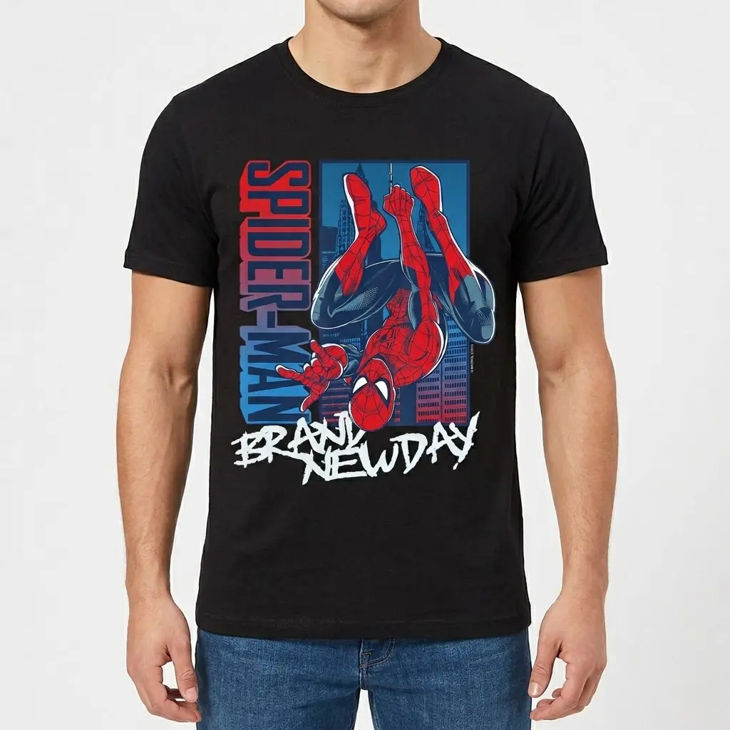 Spider-Man Brand New Day T-Shirt 4 Man wearing a Spider-Man T-shirt with a city skyline design.
