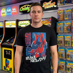 Spider-Man Brand New Day T-Shirt 10 Person wearing a Spider-Man T-shirt in a casual setting.