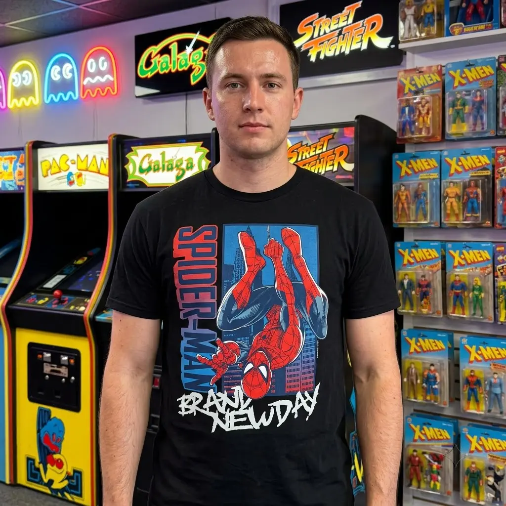 Spider-Man Brand New Day T-Shirt 5 Person wearing a Spider-Man T-shirt in a casual setting.