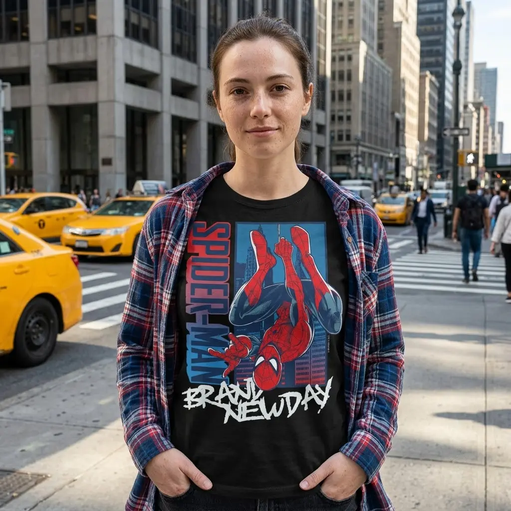 Spider-Man Brand New Day T-Shirt 6 T-shirt with Spider-Man design worn by a person outdoors.