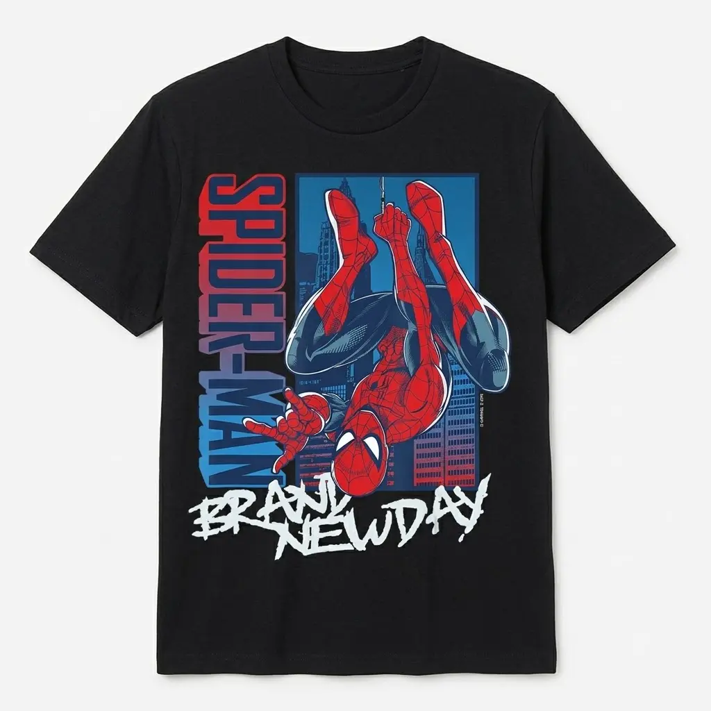 Spider-Man Brand New Day T-Shirt 1 Flat lay of a Spider-Man T-shirt with a retro comic design.