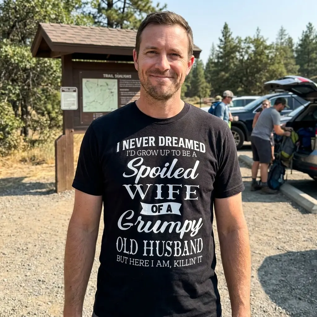 Spoiled Wife of a Grumpy Husband T-Shirt 5 Lifestyle image of T-shirt with a humorous quote, outdoor context.