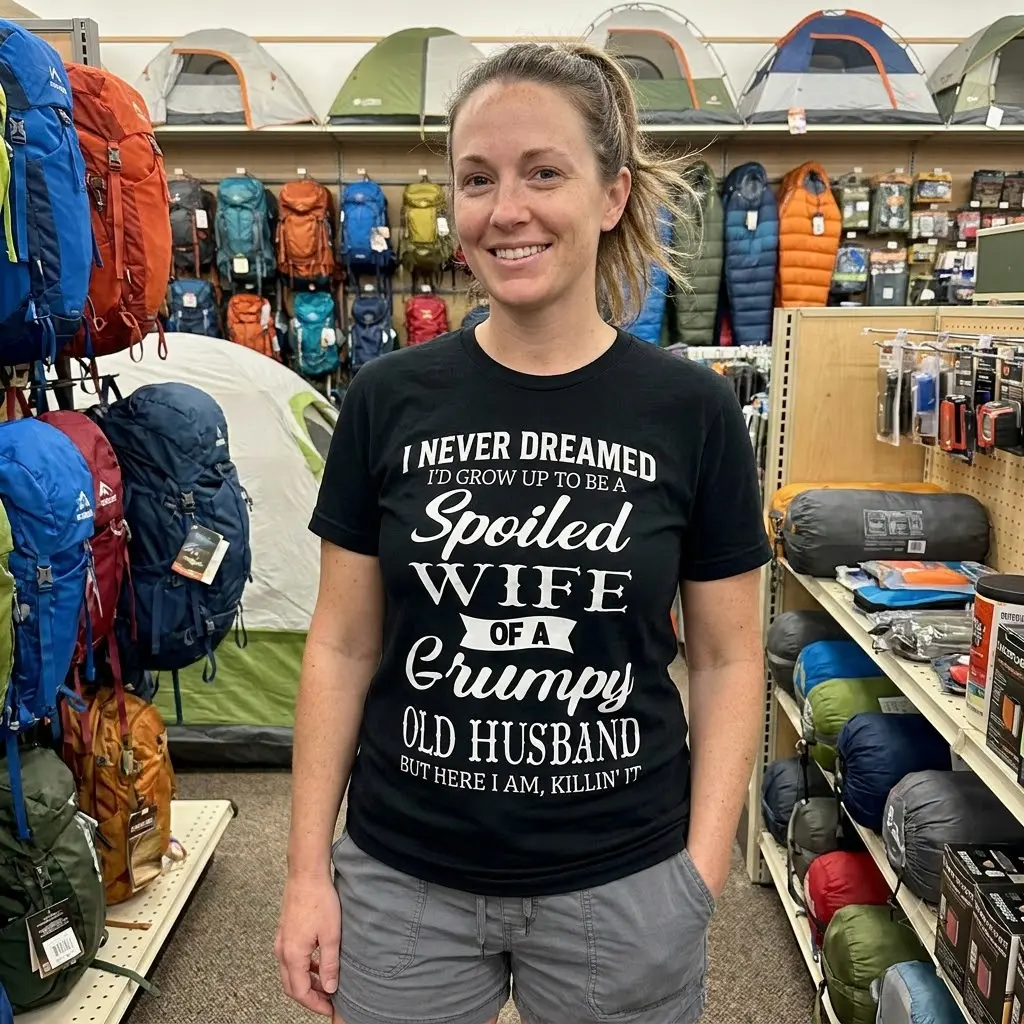 Spoiled Wife of a Grumpy Husband T-Shirt 6 Humorous T-shirt worn in a casual outdoor lifestyle scene.
