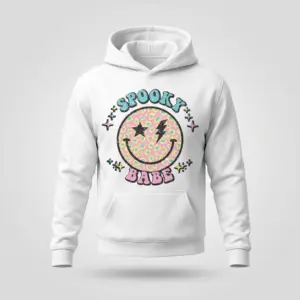 Spooky Babe Halloween T-Shirt 7 Front flat lay of hoodie with Spooky Babe design in pastel graphics.