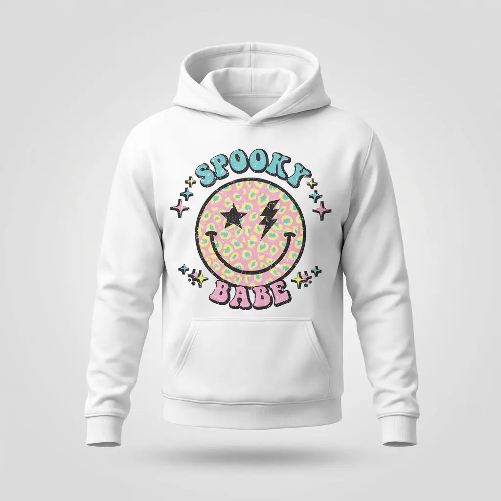 Spooky Babe Halloween T-Shirt 2 Front flat lay of hoodie with Spooky Babe design in pastel graphics.