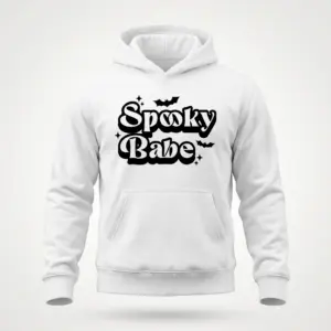 Spooky Babe Halloween T-Shirt 7 Front flat lay of a hoodie with a Halloween design.