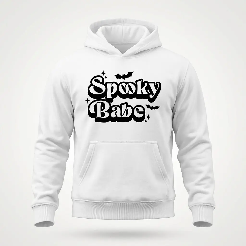 Spooky Babe Halloween T-Shirt 2 Front flat lay of a hoodie with a Halloween design.