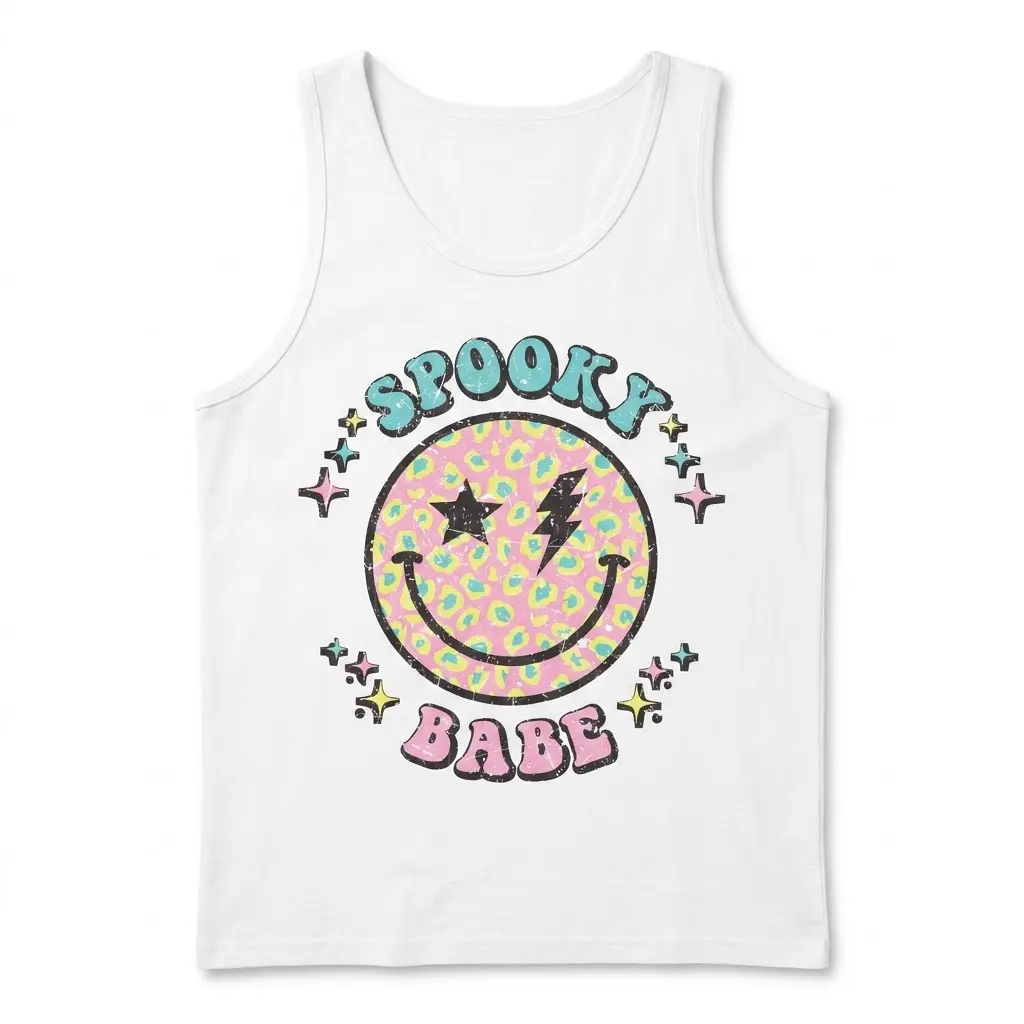 Spooky Babe Halloween T-Shirt 3 Tank top flat lay featuring Spooky Babe design with playful pastel elements.