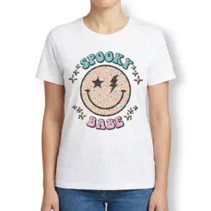 Spooky Babe Halloween T-Shirt 9 Woman modeling Spooky Babe T-Shirt, showcasing vibrant design.