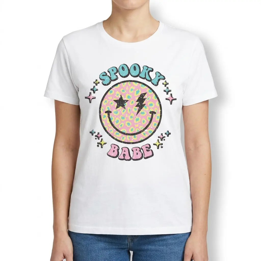 Spooky Babe Halloween T-Shirt 4 Woman modeling Spooky Babe T-Shirt, showcasing vibrant design.