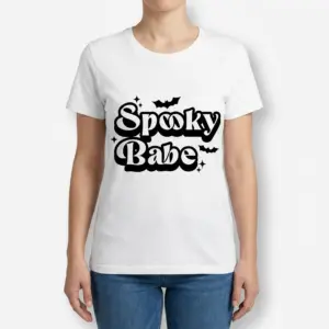 Spooky Babe Halloween T-Shirt 9 Woman modeling a t-shirt with 'Spooky Babe' Halloween design.