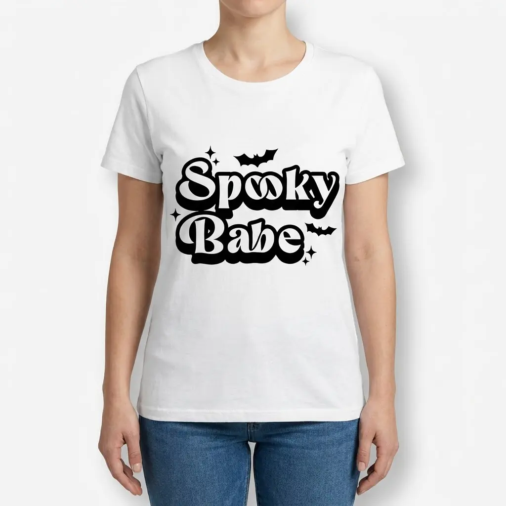 Spooky Babe Halloween T-Shirt 4 Woman modeling a t-shirt with 'Spooky Babe' Halloween design.