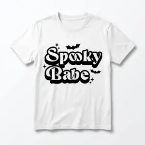 White t-shirt with 'Spooky Babe' and bat graphics in black on the front.