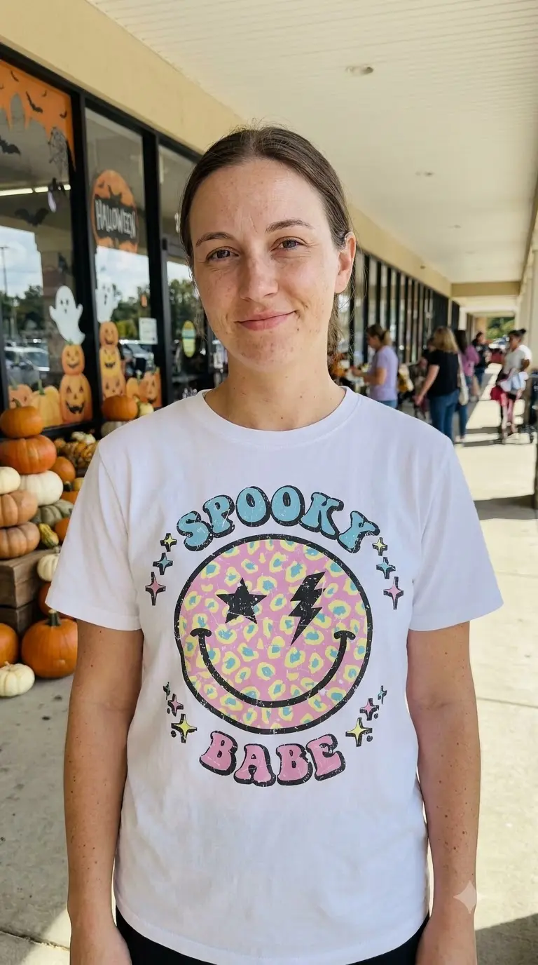 Spooky Babe Halloween T-Shirt 5 Woman wearing Spooky Babe T-Shirt in a casual lifestyle setting.