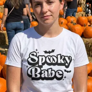 Spooky Babe Halloween T-Shirt 10 Casual lifestyle setting featuring a Halloween t-shirt design.