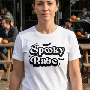 Spooky Babe Halloween T-Shirt 11 Lifestyle scene with a focus on Halloween-themed clothing.