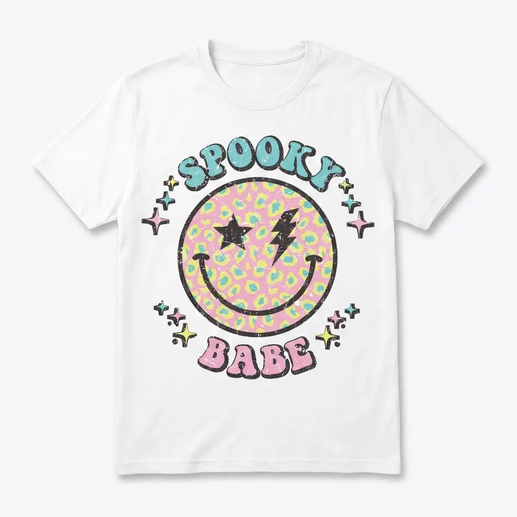 Spooky Babe Halloween T-Shirt 1 Front flat lay of Spooky Babe T-Shirt with a playful pastel graphic.