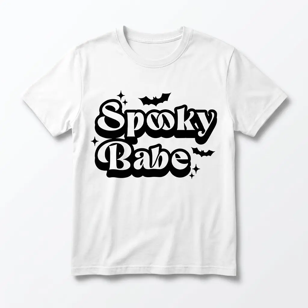 Spooky Babe Halloween T-Shirt 1 White t-shirt with 'Spooky Babe' and bat graphics in black on the front.