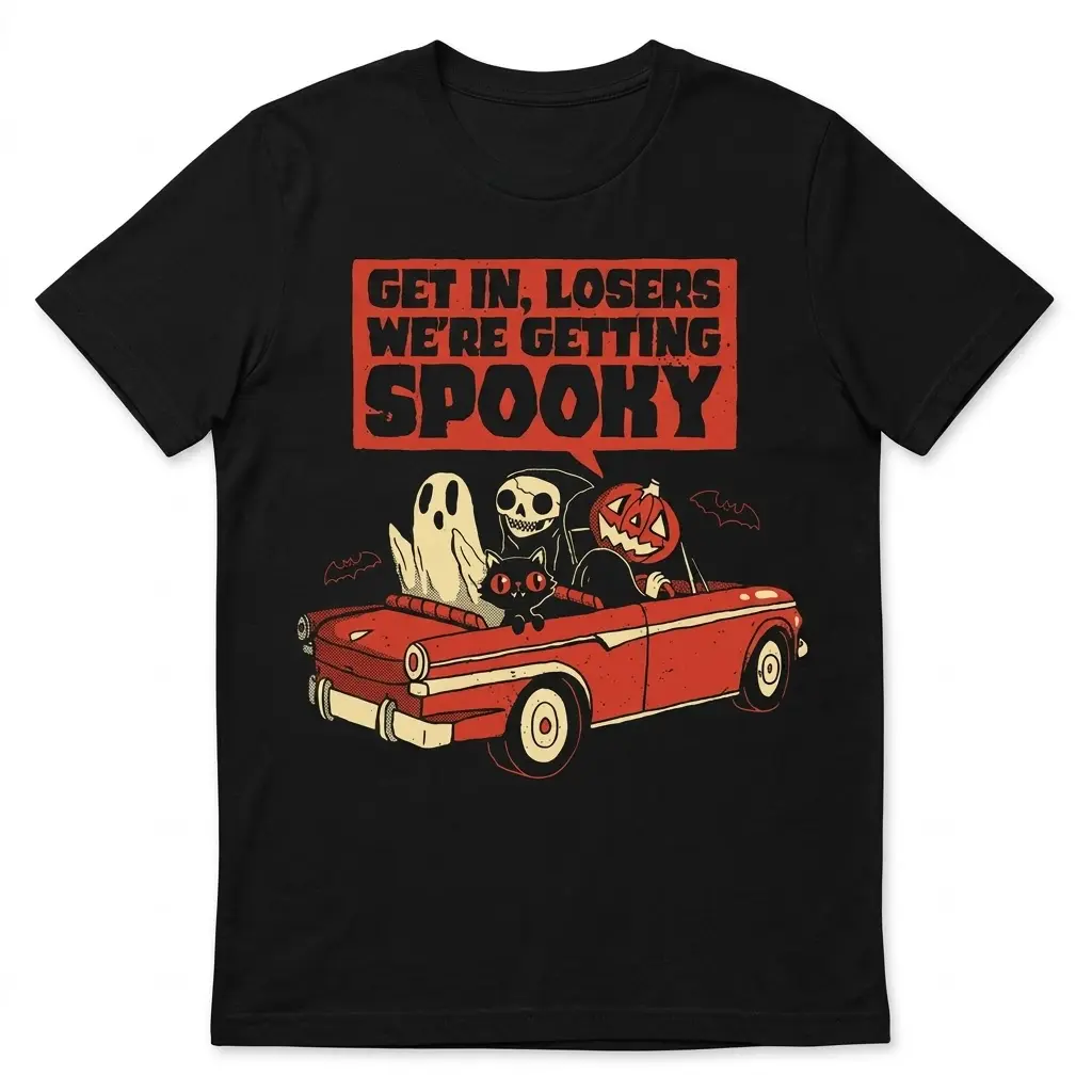 Spooky Car Ride Halloween T-Shirt 1 Front flatlay of a black t-shirt featuring a cartoon Halloween car ride design with spooky characters.