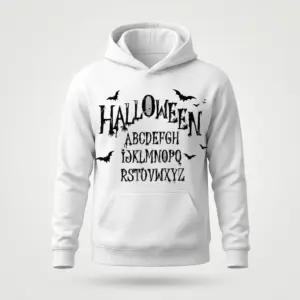 Spooky Halloween Alphabet Gothic T-Shirt 7 Flat lay front view of a hoodie featuring the spooky gothic Halloween alphabet and bats graphic.
