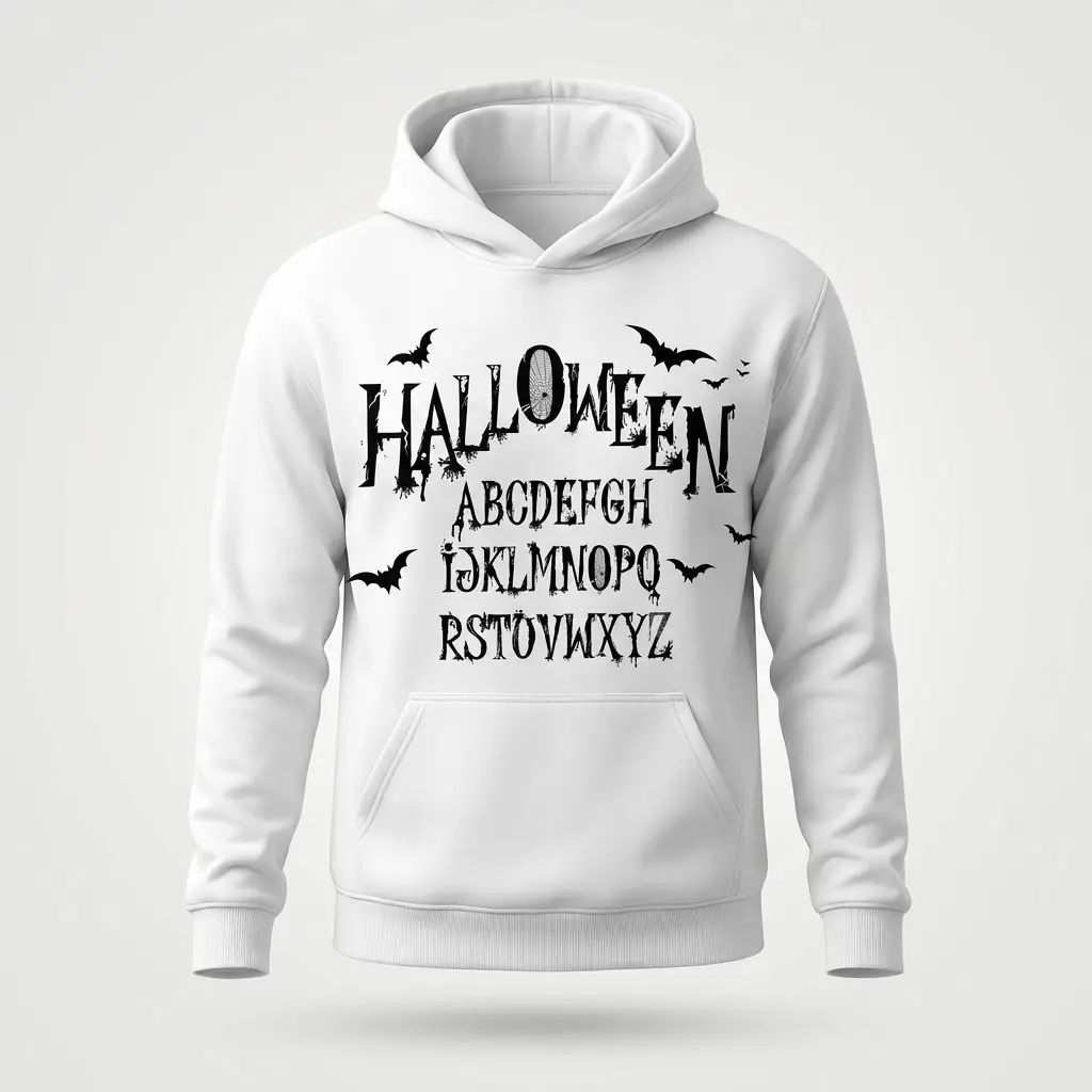 Spooky Halloween Alphabet Gothic T-Shirt 2 Flat lay front view of a hoodie featuring the spooky gothic Halloween alphabet and bats graphic.