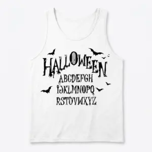 Spooky Halloween Alphabet Gothic T-Shirt 8 Front flat lay view of a tank top with the distressed black Halloween alphabet and bat design.