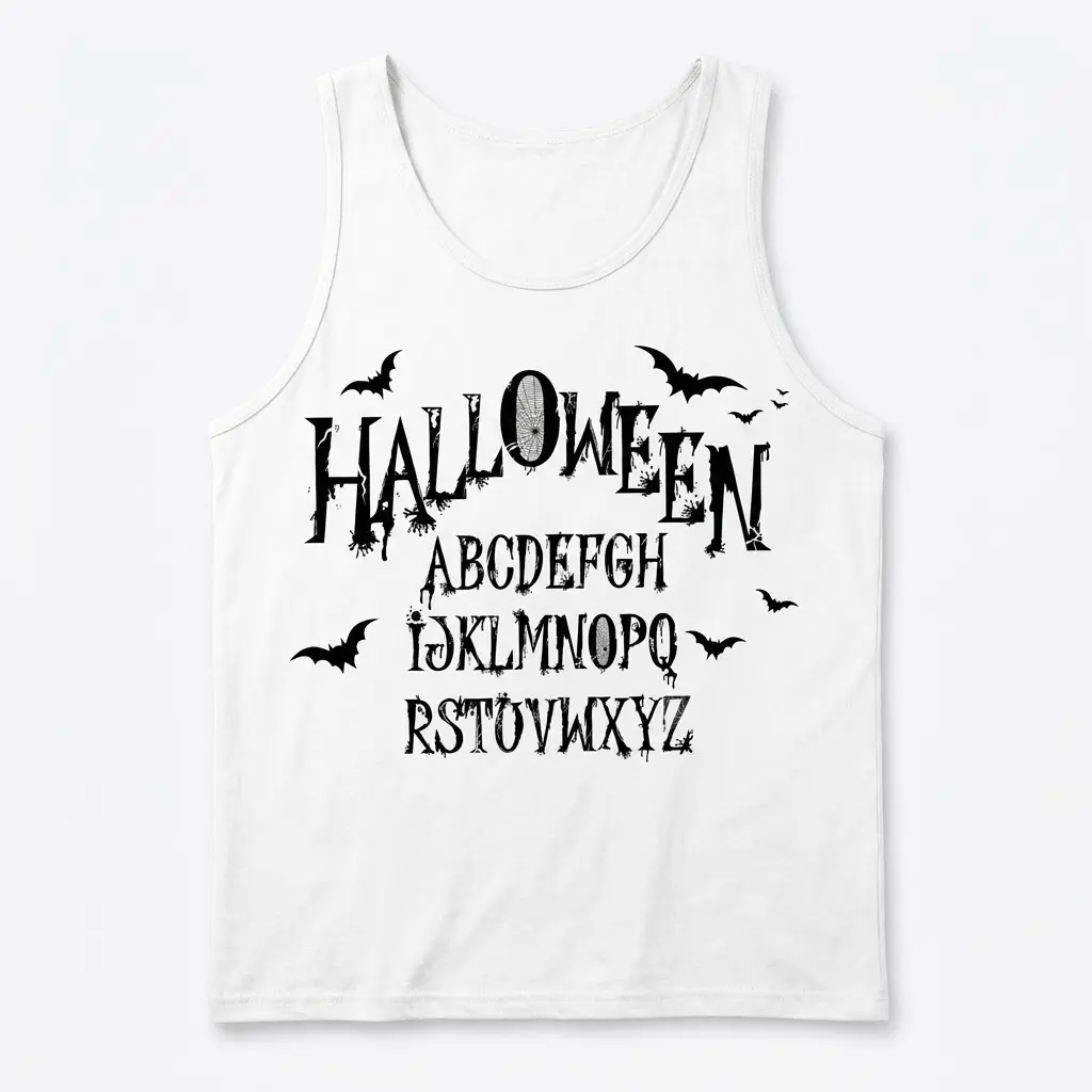 Spooky Halloween Alphabet Gothic T-Shirt 3 Front flat lay view of a tank top with the distressed black Halloween alphabet and bat design.