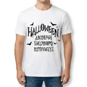 Spooky Halloween Alphabet Gothic T-Shirt 9 Male model wearing the spooky Halloween alphabet gothic t-shirt facing front.