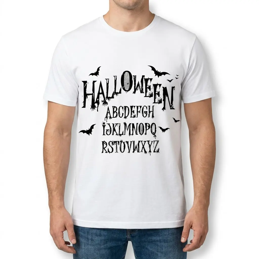 Spooky Halloween Alphabet Gothic T-Shirt 4 Male model wearing the spooky Halloween alphabet gothic t-shirt facing front.