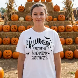 Spooky Halloween Alphabet Gothic T-Shirt 10 Lifestyle setting showcasing the gothic Halloween alphabet tee with flying bats.