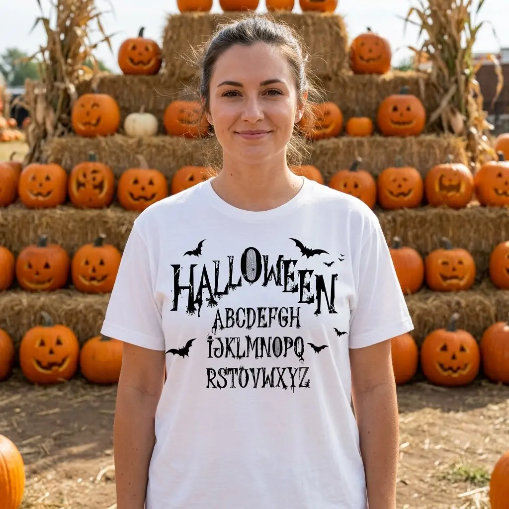 Spooky Halloween Alphabet Gothic T-Shirt 5 Lifestyle setting showcasing the gothic Halloween alphabet tee with flying bats.