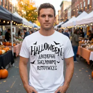 Spooky Halloween Alphabet Gothic T-Shirt 11 Alternative lifestyle shot featuring the distressed Halloween alphabet design on a casual garment.