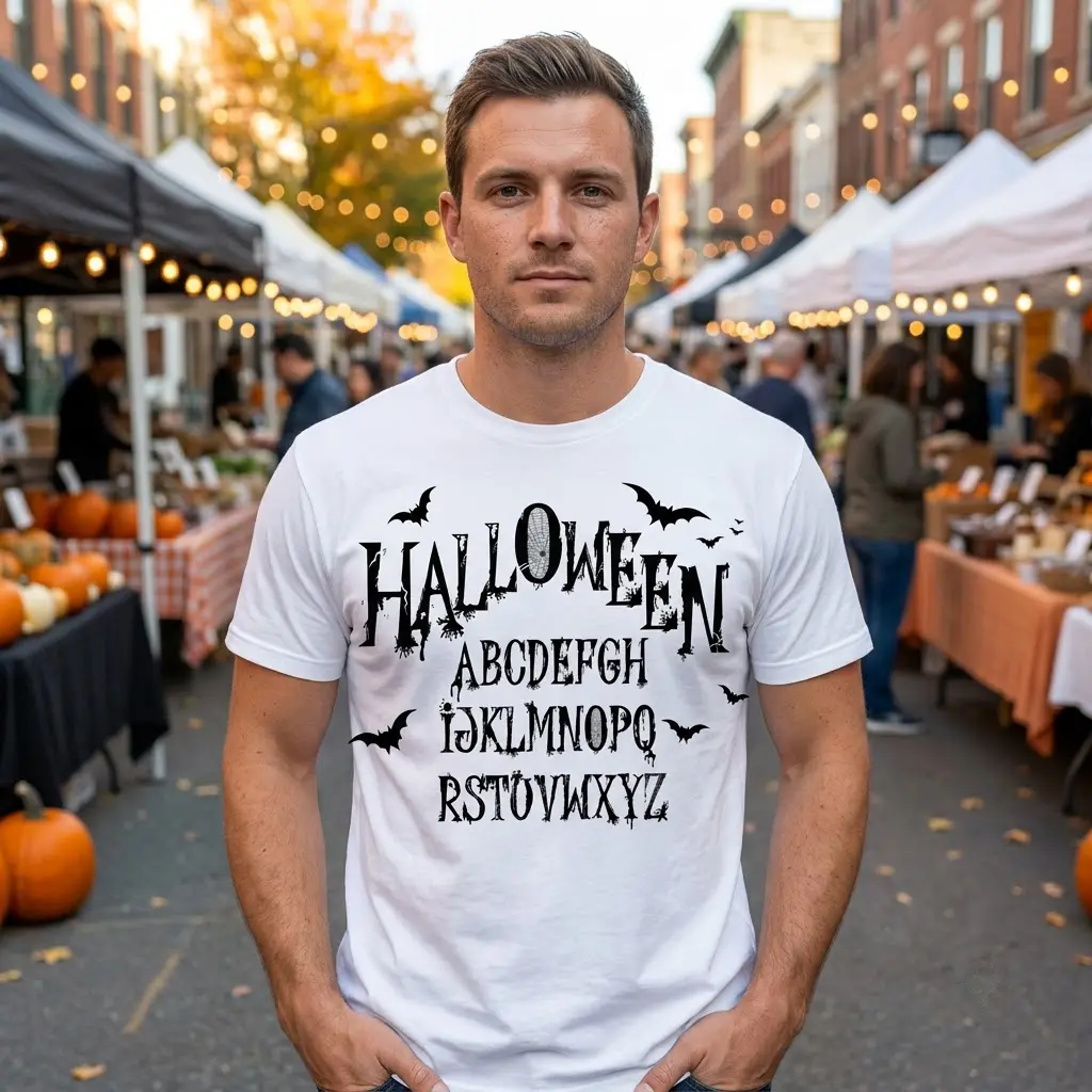 Spooky Halloween Alphabet Gothic T-Shirt 6 Alternative lifestyle shot featuring the distressed Halloween alphabet design on a casual garment.