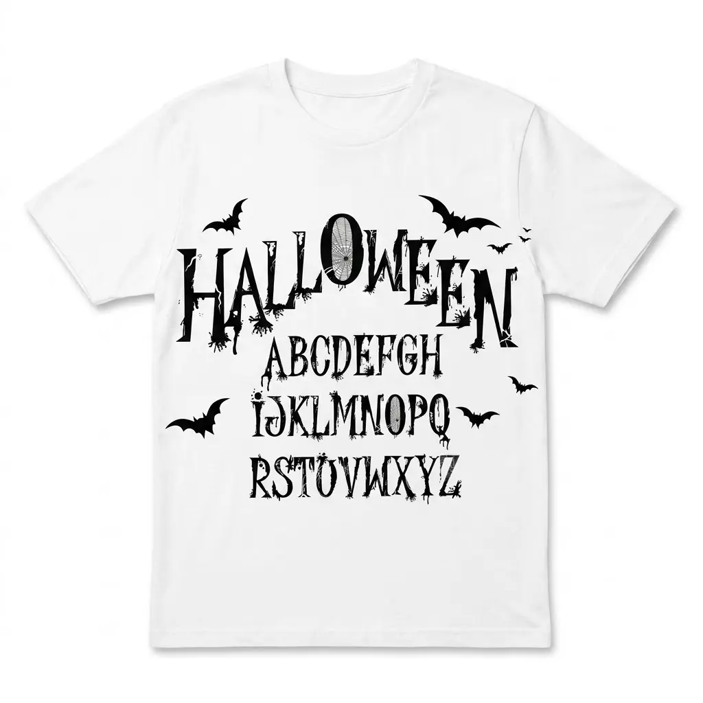 Spooky Halloween Alphabet Gothic T-Shirt 1 Halloween alphabet shirt with distressed gothic lettering and flying bats printed on a white classic tee.