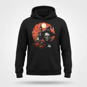 Spooky Haunted Skull & Mansion Halloween T-Shirt 7 Front flatlay of a black hoodie featuring the eerie graphic of a skull, haunted house, moon, and flying bats.