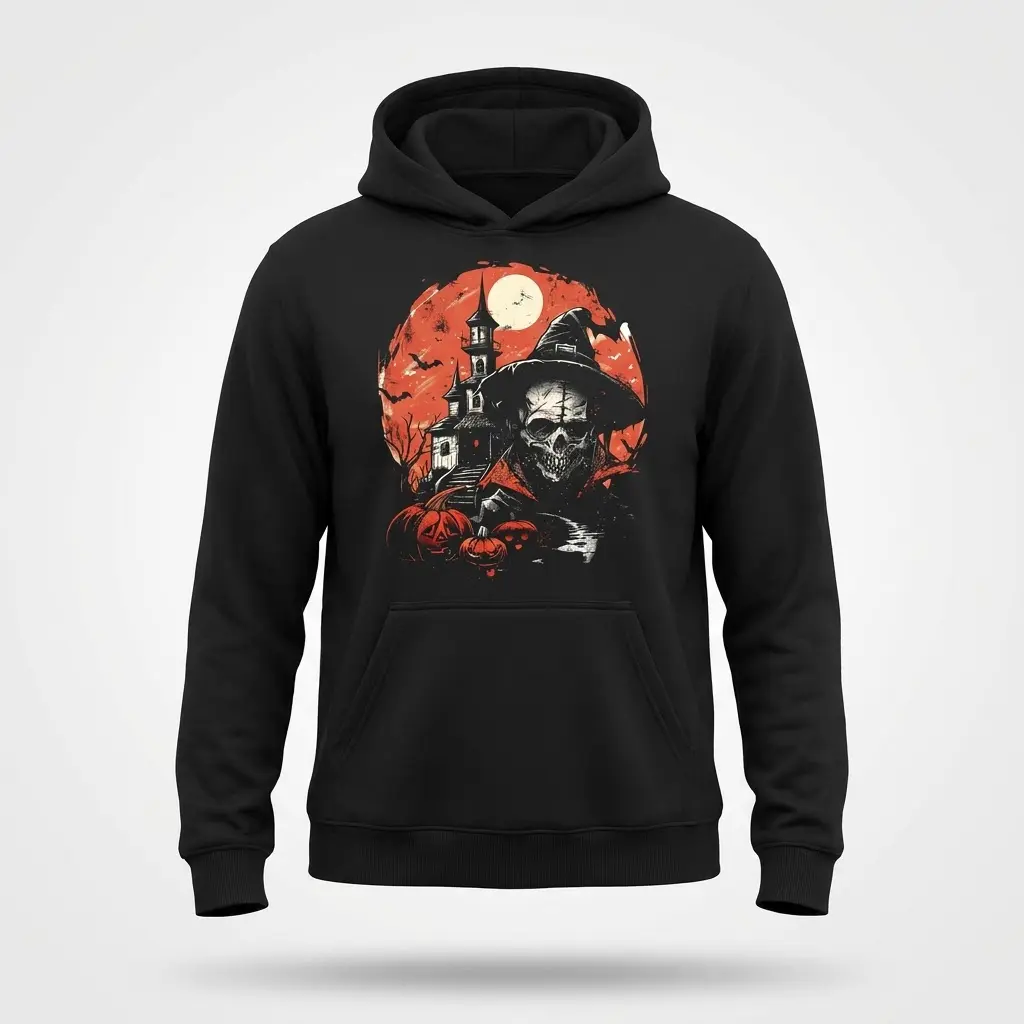 Spooky Haunted Skull & Mansion Halloween T-Shirt 2 Front flatlay of a black hoodie featuring the eerie graphic of a skull, haunted house, moon, and flying bats.
