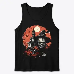 Spooky Haunted Skull & Mansion Halloween T-Shirt 8 Front flatlay of a black tank top with the classic gothic Halloween design of a skull, mansion, and pumpkins.