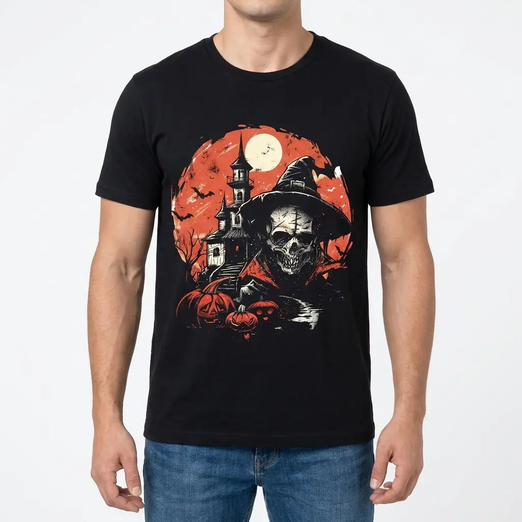 Spooky Haunted Skull & Mansion Halloween T-Shirt 4 A man wears a black t-shirt with the bold haunted skull and mansion Halloween graphic, front view.