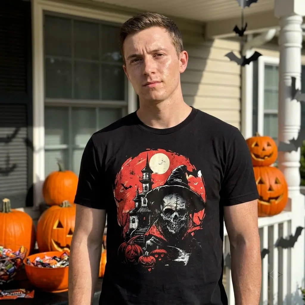 Spooky Haunted Skull & Mansion Halloween T-Shirt 5 Black t-shirt featuring the spooky haunted skull Halloween graphic, depicted in a lifestyle context.