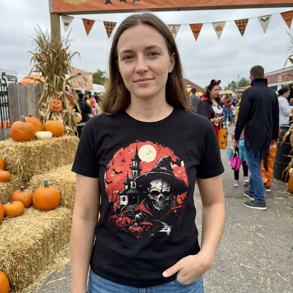 Spooky Haunted Skull & Mansion Halloween T-Shirt 6 The eerie haunted skull and mansion Halloween t-shirt design, showcased for a lifestyle audience.