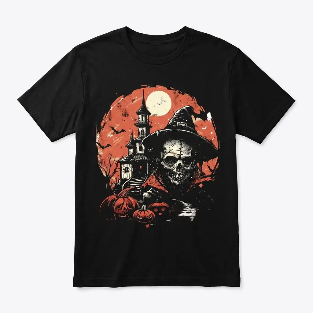 Spooky Haunted Skull & Mansion Halloween T-Shirt 1 Black t-shirt flatlay displaying a spooky Halloween graphic of a witch-hatted skull and a haunted mansion.