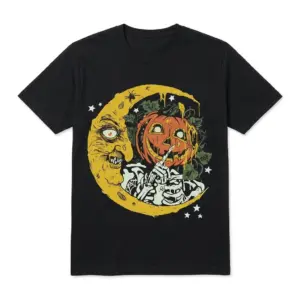 Front flatlay of a Halloween Pumpkin Shirt featuring a spooky moon and pumpkin skeleton design.