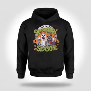 Spooky Season Ghost Zombie Beer Halloween T-Shirt 7 Black hoodie flatlay displaying a humorous Halloween design of a ghost and zombie king toasting with beers, plus "Spooky Season" text.