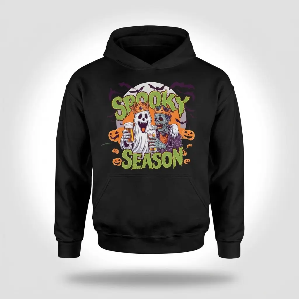 Spooky Season Ghost Zombie Beer Halloween T-Shirt 2 Black hoodie flatlay displaying a humorous Halloween design of a ghost and zombie king toasting with beers, plus "Spooky Season" text.