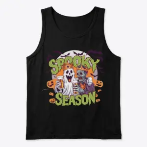 Spooky Season Ghost Zombie Beer Halloween T-Shirt 8 Black tank top flatlay showing the "Spooky Season" graphic with a crowned ghost and zombie sharing beers against a moon and bats.