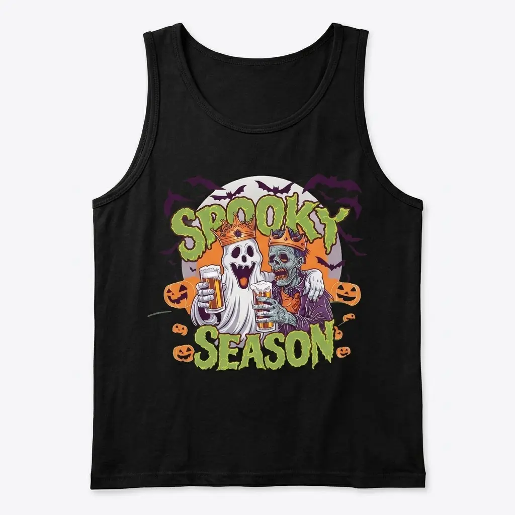 Spooky Season Ghost Zombie Beer Halloween T-Shirt 3 Black tank top flatlay showing the "Spooky Season" graphic with a crowned ghost and zombie sharing beers against a moon and bats.